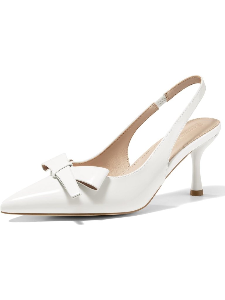 Women's White Slingback Kitten Heels Bow Closed Pointed Toe Pumps Slip On Shoes